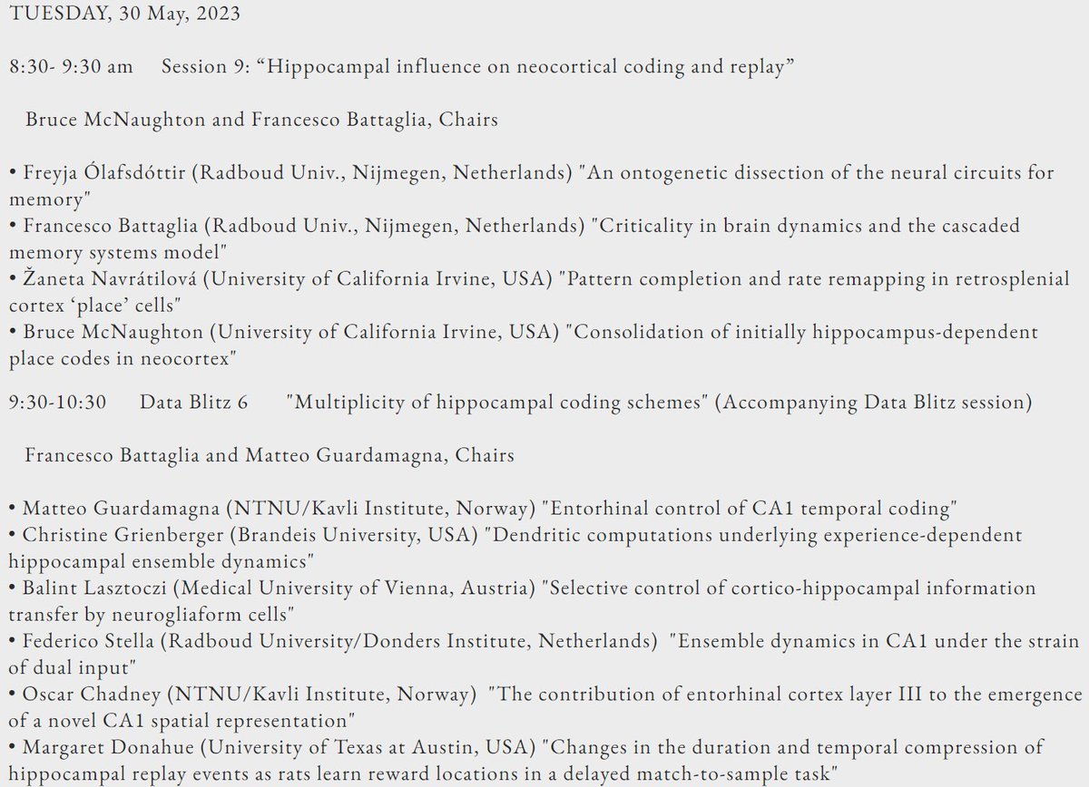 MatGuardamagna's tweet image. Join us tomorrow morning at the #SpringHippocampal Conference for a main session on cortico-hippocampal interactions and a blitz on CA1 circuit dynamics, in beautiful Verona! ☀️

w/ @battaglialab @FOlafsdottir @CGrienberger @BLasztoczi @star_federico @OscarChadney