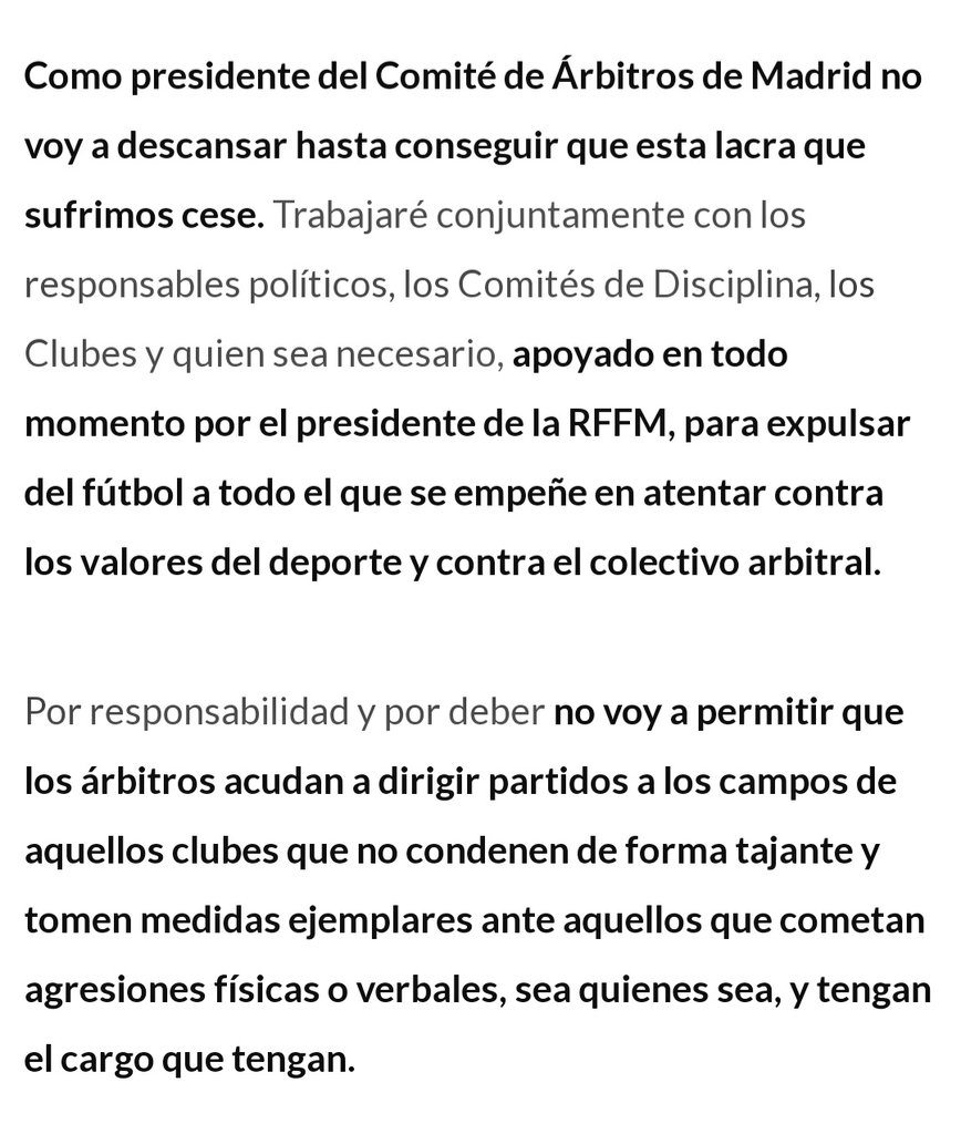 🤝🏽 Toca trabajar conjuntamente entre todos los que queremos al fútbol de Madrid, no valen más excusas.

Nuestro Presidente <a href="/jllesma/">Jose Luis Lesma</a> no lo puede dejar más claro: Agresores fuera o no hay árbitros. FIN.
