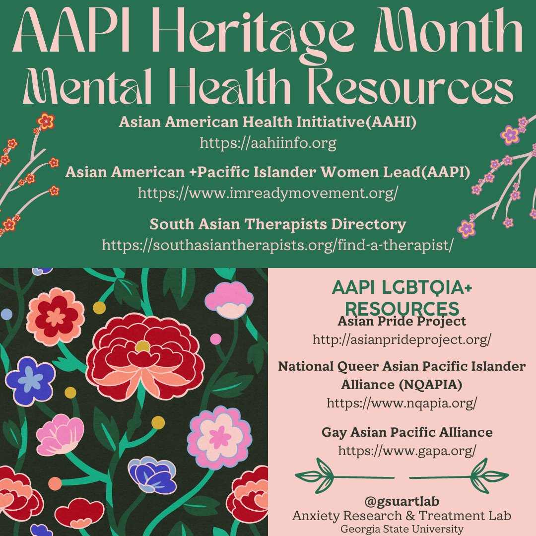 GSUARTLab's tweet photo. As #AAPIHeritageMonth comes to an end, we put together a list of mental health resources for the community! #AAPI #mentalhealth https://t.co/Qm1bhk5gJ6
