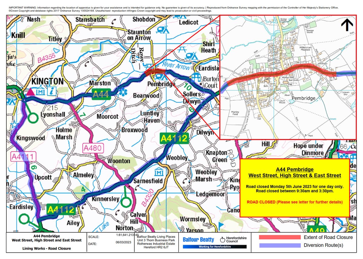 HfdsStreets's tweet image. ROAD CLOSURE | A44 High Street, West Street and East Street, #Pembridge,

From 5/6/23 for one day between 9:30 am and 3:30 pm by #BalfourBeattyLivingPlaces for white lining works.

Resident access only, diversion below, for more info: orlo.uk/X5DLZ