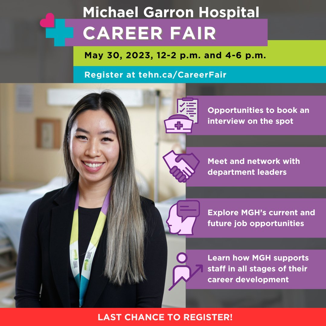 The MGH Career Fair is taking place tomorrow (May 30)! It’s your last chance to register: tehn.ca/CareerFair.

🤝  Attendees will meet with department leaders and have opportunities to book an interview on the spot!

#HospitalJobs #WeAreHiring #NursingJobs