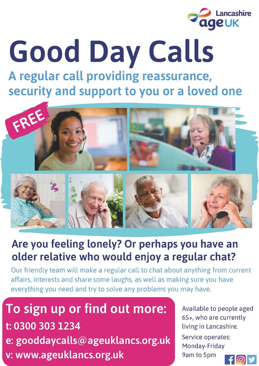 East Lancashire Hospitals NHS Trust đź’™ (@elht_nhs) on Twitter photo Are you feeling lonely? Or perhaps you have an older relative who would enjoy a regular chat?
AgeUK Lancashire's 'Good Day Calls' Service offers a free friending telephone service to anyone living in Lancashire and 65+. The team are her to support, listen, and be a friend 🤗📞. Are you feeling lonely? Or perhaps you have an older relative who would enjoy a regular chat?
AgeUK Lancashire's 'Good Day Calls' Service offers a free friending telephone service to anyone living in Lancashire and 65+. The team are her to support, listen, and be a friend 🤗📞.
