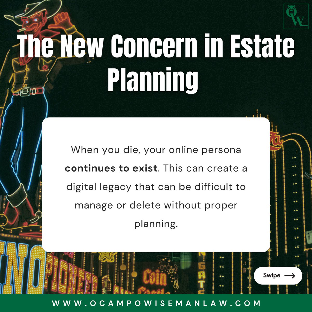 Swipe to learn how to manage and preserve your online persona after you're gone 🌏 💡

Give the office a call at 702-850-7998, or schedule an appointment online at ocampowisemanlaw.com 📞📲