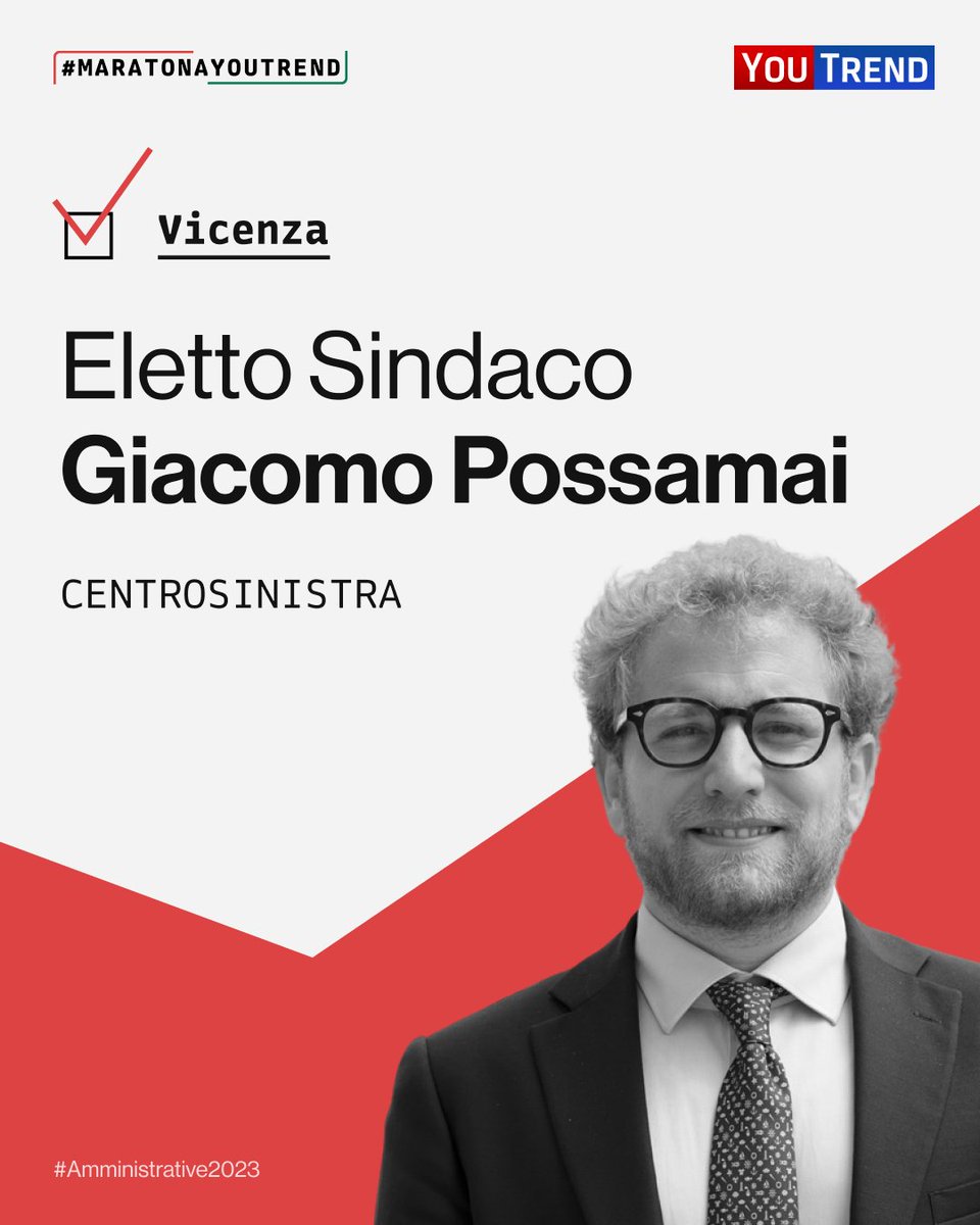 🔴 Giacomo #Possamai (CSX) vince il ballottaggio contro Francesco Rucco (CDX) ed è eletto Sindaco di #Vicenza

#MaratonaYouTrend