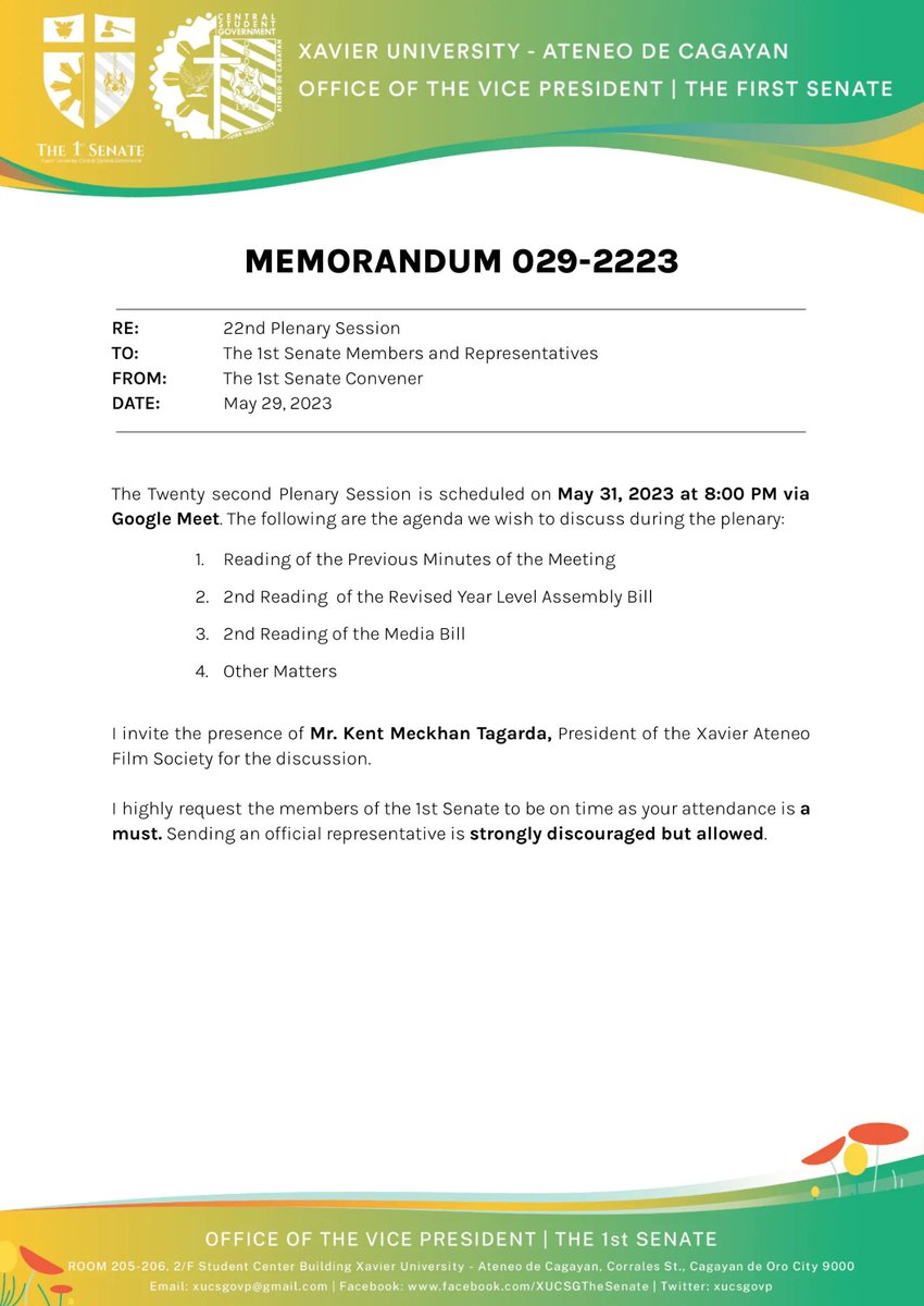xucsgovp's tweet photo. [LOOK]

TWENTY FIRST Plenary Session of the 1st Senate held last Friday on May 26,2023 at 8:00PM.

Read through the minutes of the meeting here: https://t.co/1EA5702qMA 

#KaCSG
#XavierAteneo
#ComeAlong
#CatchTheSun https://t.co/LjTaWfcrJe