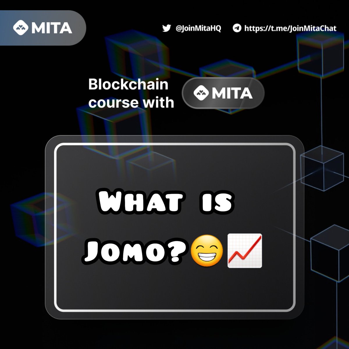 Blockchain course with MITA #Week39 📜✍

👨‍🏫What is JOMO? 😁📈

#JOMO is the abbreviation of ‘Joy Of Missing Out’ and refers to a #Trader who is happy that he has not taken a certain #position after a considerable #price drop.

🧵 👇