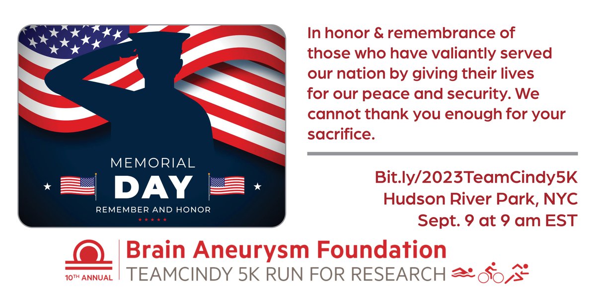 Honor &amp; remembrance for those who valiantly served our nation by giving their lives for our peace and security. #MemorialDay 🇺🇸 Join us at our NEW LOCATION: Hudson River Park, NYC on Sept 9! Bit.ly/2023TeamCindy5K #TeamCindy2023 #5krun #fundraiser #Brain #aneurysm #awareness