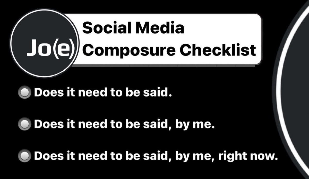 JoeSocialMedia's tweet photo. Election day is as good as any to tweet a reminder of th(e) Social Media Composure Checklist. Be kind and show decorum. Just because you can post something doesn’t mean you should. https://t.co/IEUzwRB1kY