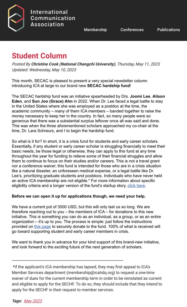 Joominism's tweet image. 1/🎉 I&apos;m excited and grateful to introduce ICA Student &amp;amp; Early Career Hardship Fund(SECHF)! The latest #ICA23  newsletter featured our story behind this crisis fund icahdq.org/blogpost/15236…