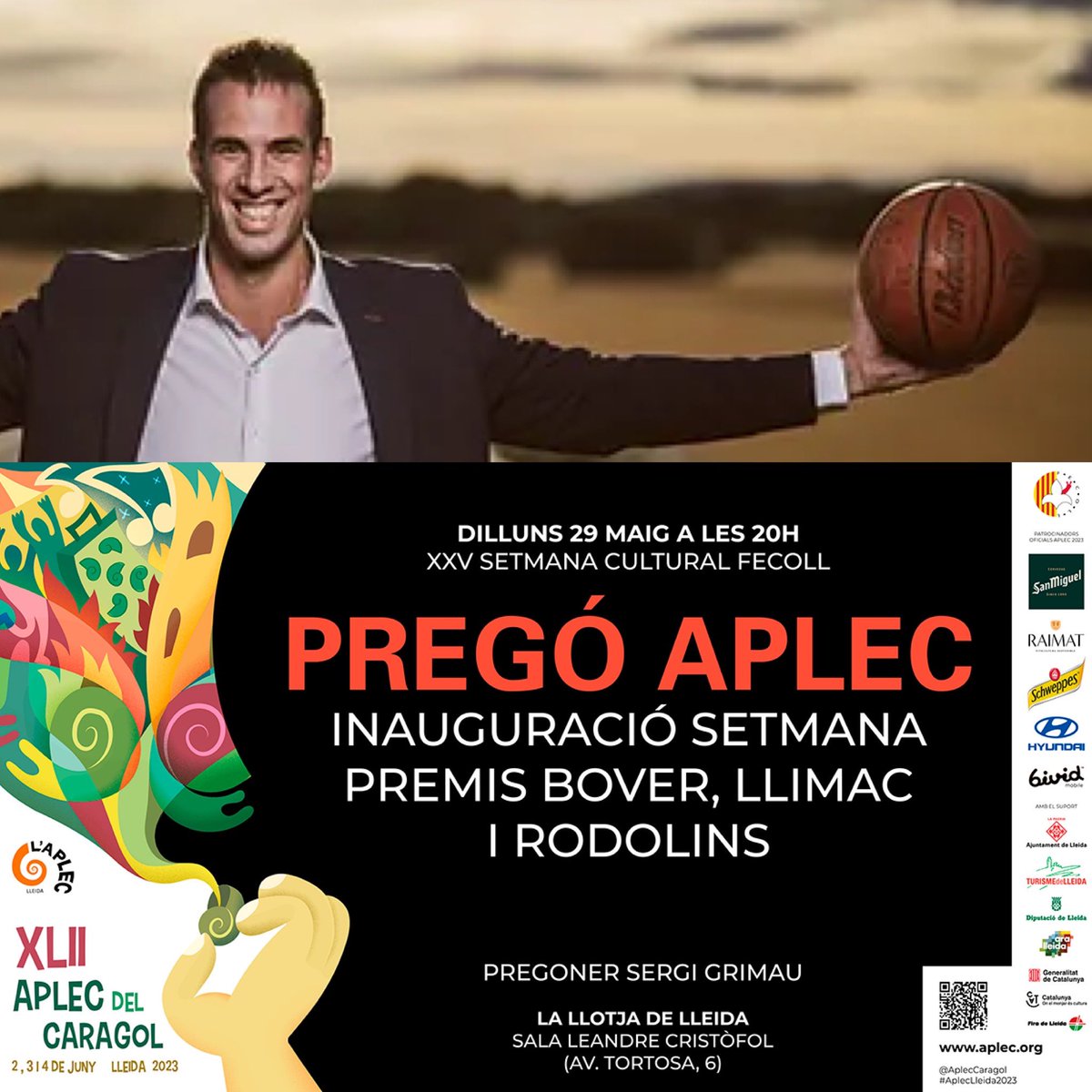 AplecCaragol's tweet photo. 📣 Aquest vespre, us esperem a les 20h a La Llotja, al #Pregó Oficial amb Sergi Grimau!
Inaugurarem la XXV Setmana Cultural i lliurarem els premis Caragol Bover i Llimac 2023; i el de Rodolins.
🐌 #SetmanaFecoll #AplecLleida2023
Programa https://t.co/0P2noMrYJG o escanegeu QR https://t.co/Ngx0QssYYb