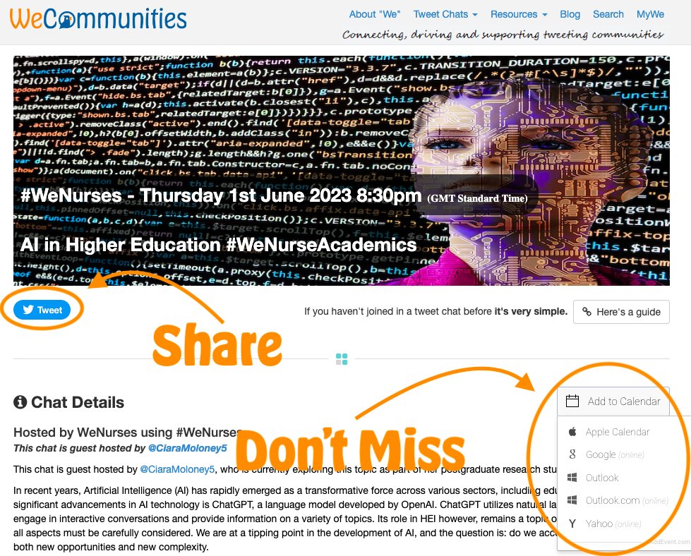 Our 1st nurse tweetchat of the month is dedicated to #WeNurseAcademics 

Everyone is welcome on a #WeNurseAcademics tweetchat :)

This week We talk about the use of 'AI in Higher Education' with @CiaraMoloney5 

Info 👉 wecommunities.org/tweet-chats/ch… 

Share your experiences/thoughts.