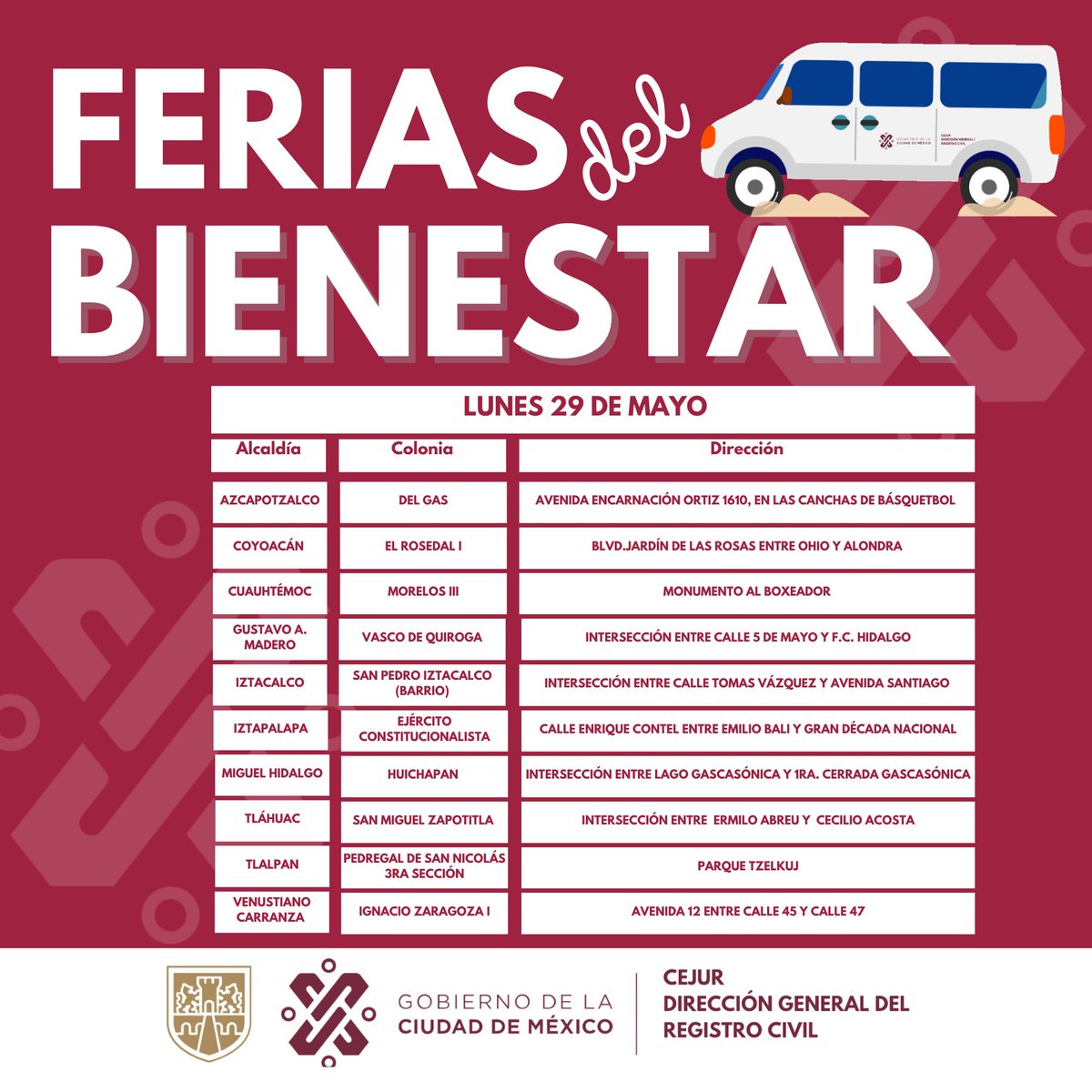 DGRCivilCDMX's tweet photo. Si requieres una copia certificada de tu acta de nacimiento, matrimonio o defunción, no dejes pasar la oportunidad de obtenerla sin costo en el módulo del Registro Civil en las #FeriasDelBienestar; sólo necesitas:
-Copia simple.
-INE.
-CURP.
⏰10:00-14:00 horas.
#CiudadDeDerechos https://t.co/inA7sEa9KW