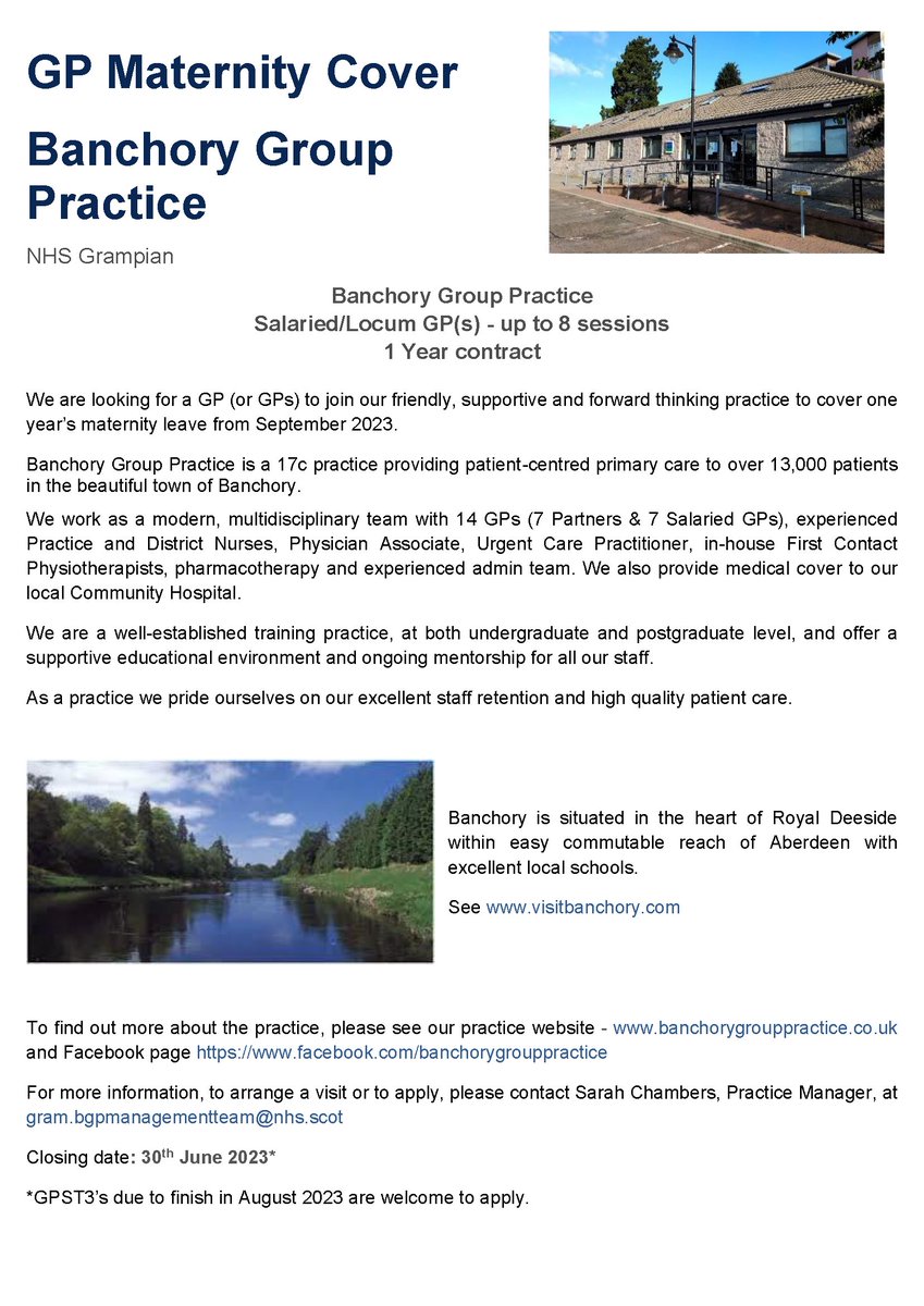 Banchory Group Practice are looking for a GP (or GPs) to join their team to cover one year's maternity leave (up to 8 sessions): 
linkedin.com/feed/update/ur…

@HSCPshire #gpjobs #aberdeenshire #nhs #nhsscotland #gp #gpjobs