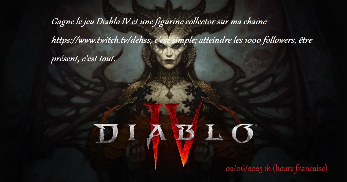 Dehss666's tweet photo. Giveaway du jeu Diablo IV édition standard et d'une figurine barbare Diablo II (2 gagnants différent) sur ma chaine https://t.co/IJOfMsmw7T
Pour participer ➡️ RT + FOLLOW , Follow twitch
#DiabloIV @Diablo @Diablo_FR https://t.co/9O0HWfpwZh