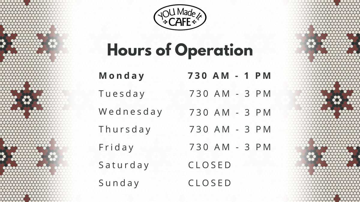 YMICafe's tweet image. Starting today, our Monday hours will be 7:30am-1pm. 

We'll remain open until 3pm Tuesday-Friday for dine-in, take-out, and delivery via @SkipTheDishes and @UberEats 👍

#SocialEnterprise #YOUMadeItCafe #UpdatedHours