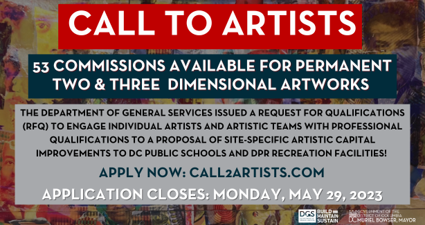 DCDGS's tweet photo. ‼️ SUBMISSIONS ARE DUE! ‼️
@DCDGS invites ALL artists to apply to 53 Permanent 2 & 3 Dimensional Artworks for @dcpublicschools and @dcdpr facilities!
⌛RFQ Deadline: May 29, 2023
Apply Now➡️https://t.co/vh9gSWlnZ1
#dcdgs #percentforart #percentforartprogram #dcarts https://t.co/XdnSWzWbAI