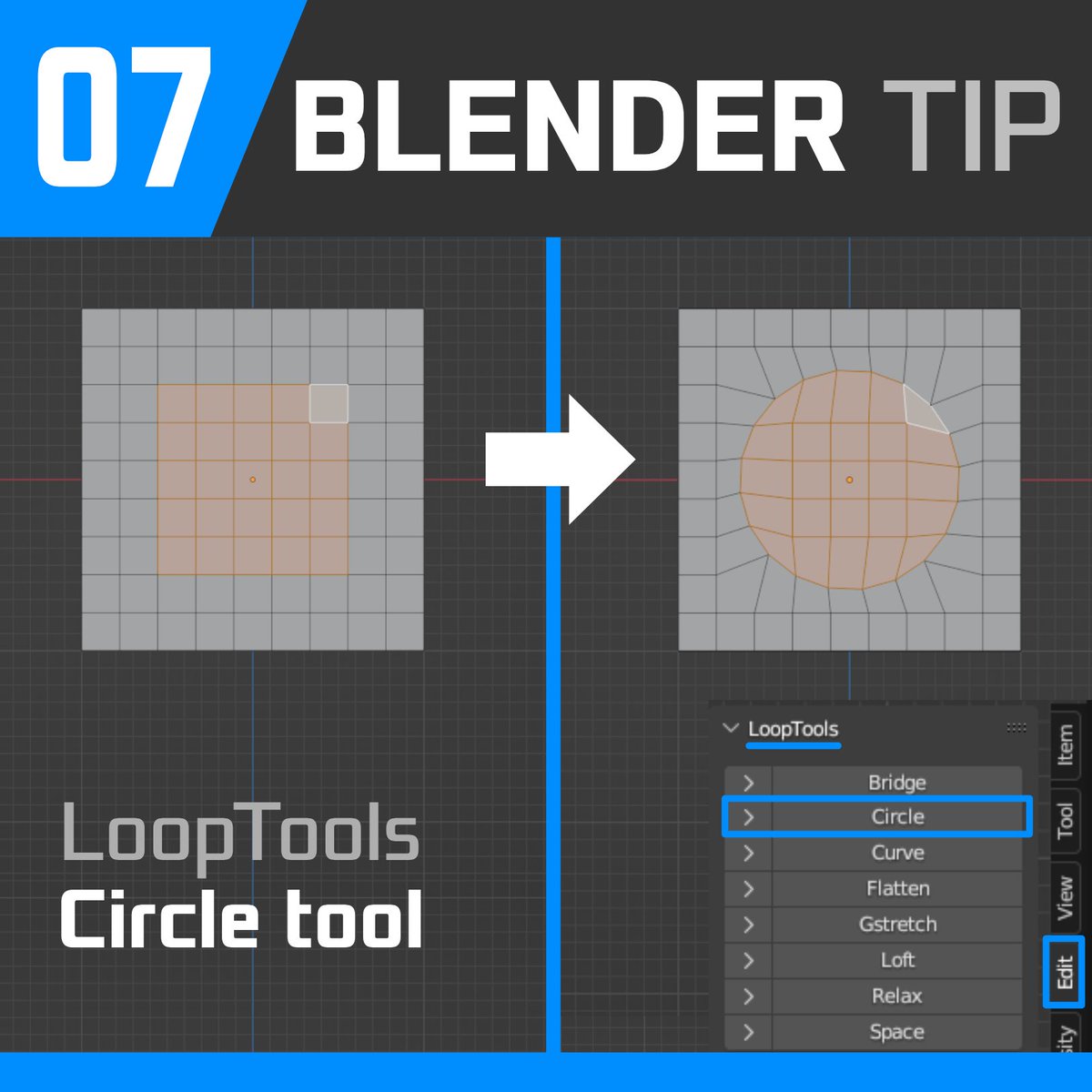 With this #Blender3d tool you can convert any shape easily to a circle.🔥

- Enable the add-on 
- Select the vertices / edges that you want to arrange 
- Press W (=Specials menu) > Select 'LoopTools' > 'Circle'  
- Done! :)  

#gamedev #b3d #3dart #indiedev #blendertip