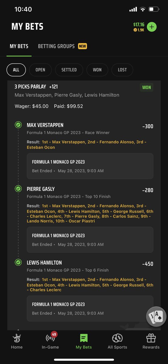 F1Bandits's tweet photo. 🇲🇨🚨Monaco GP🚨🇲🇨
Racing in the principality. Sorry for being late but here are the plays from this past weekend’s race in Monaco. Simple parlay of VER winner, Lewis top 6, and Pierre top 10. That hit along with Charles H2H over Carlos. See you in Spain! #F1B https://t.co/JArpR21u7l