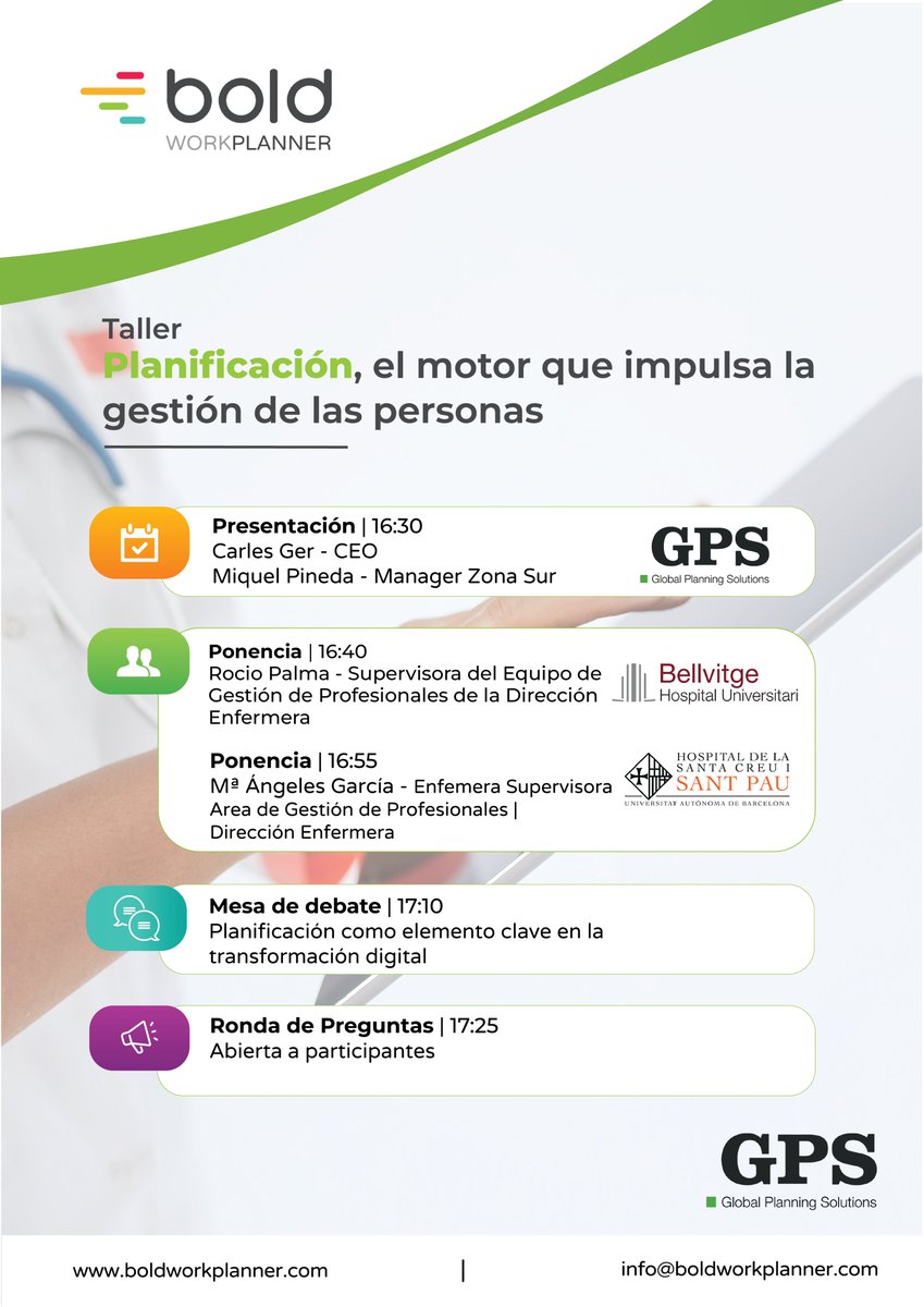 ¡Participamos en las jornadas <a href="/ANDEorg/">ANDE Directivos Enfermería</a>  como colaboradores! 🎉📢 
Estaremos del 31 de mayo al 2 de junio en el Palacio de Congreso de Cádiz. 📍
Aprende sobre la planificación de <a href="/hbellvitge/">Hospital Universitari Bellvitge | HUB</a> <a href="/HospitalSantPau/">Sant Pau - Campus Salut Barcelona</a> con el taller #BOLD el 1 de junio a las 16.30h. 📲andejornadas.com/eventos/33enfe…
