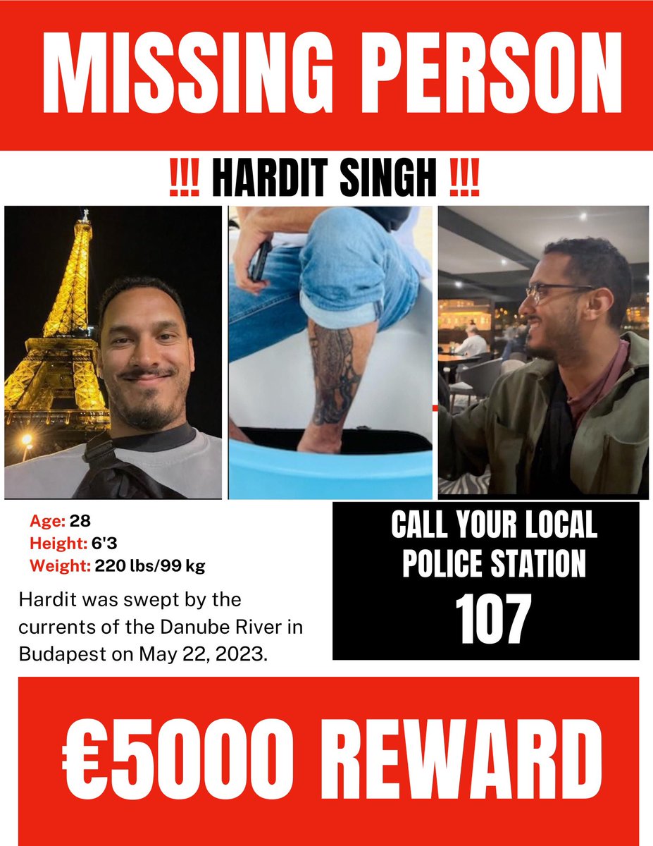 harrysdhaliwal_'s tweet photo. ‼️ Hardit Singh Possibly Seen‼️

We have confirmation that a body was seen around Elizabeth Bridge two hours ago at 2PM (Budapest time) 

If you are remotely in the area and can apply some pressure for search and rescue please do! Please spread the word before he may flow away! https://t.co/gqjvR8c9FD