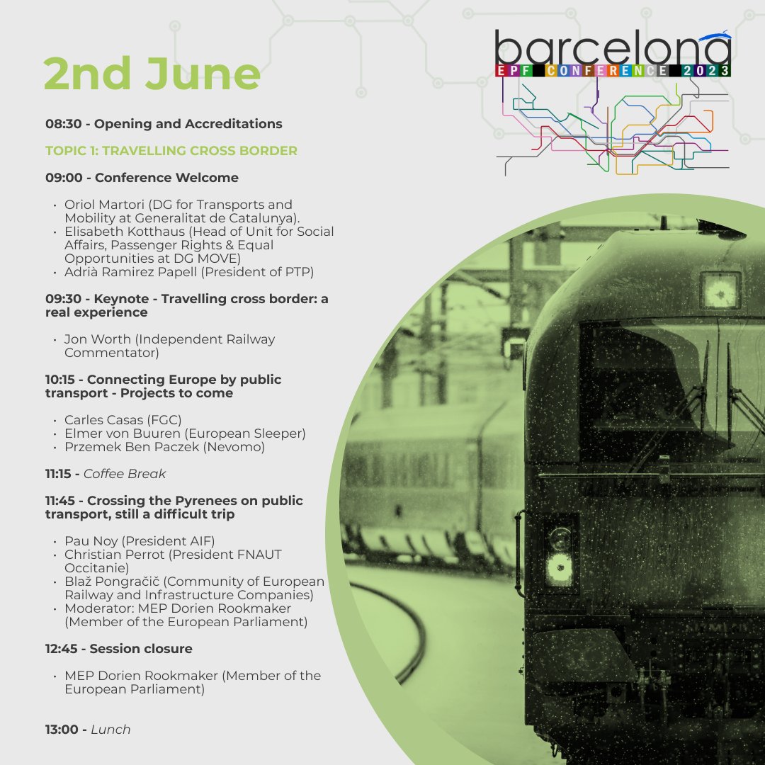 transportpublic's tweet photo. Us recordem el programa i els ponents de l'#EPFConference de l'European Passengers’ Federation!

Concretament els que obriran les jornades, el matí del 2 de juny, parlant de viatges transfronterers.🌍

Entrades disponibles a: https://t.co/W8NkwkBdqi https://t.co/pHN96ESoBS