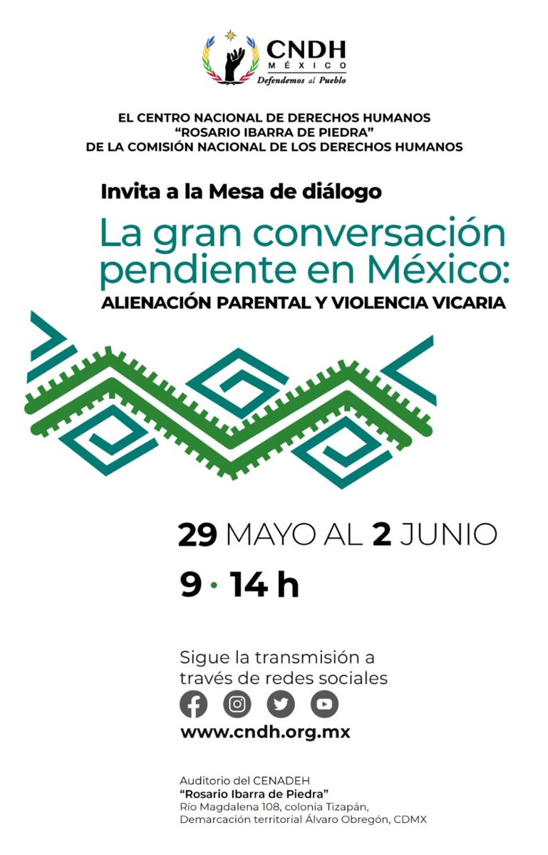 ¡Síguenos en la transmisión de la Mesa de Diálogo 'La gran conversación pendiente en #México 🇲🇽: Alienación parental y violencia vicaria'!👇🏾

📅 29 mayo al 2 de junio.
⌚ 9 a 14 hrs.

#DefendemosAlPueblo