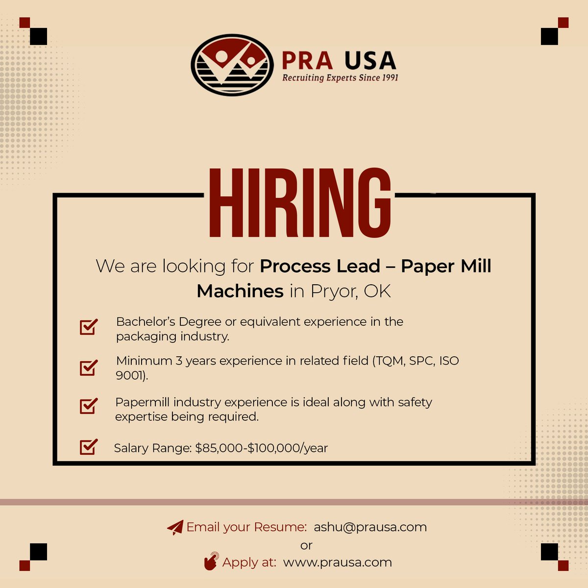 We are #hiring for 𝗣𝗿𝗼𝗰𝗲𝘀𝘀 𝗟𝗲𝗮𝗱 – 𝗣𝗮𝗽𝗲𝗿 𝗠𝗶𝗹𝗹 𝗠𝗮𝗰𝗵𝗶𝗻𝗲𝘀 in Pryor, OK. Apply here: bit.ly/3KGxCiJ 

#processlead 
#leadjobs 
#activelylooking 
#hiringnow 
#hiringimmediately 
#oklahomajobs 
#prausa