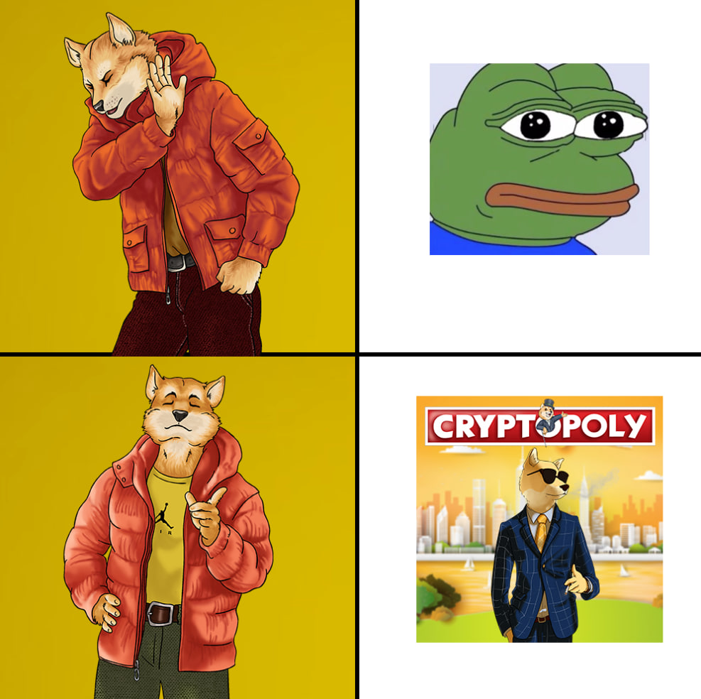 CryptopolyWorld's tweet photo. One Meme to meme them all!⚔️ 
Redefining memeception.🎭 We parody numerous crypto projects like Pepe, Shiba Inu, and even personalities like Drake and Elon Musk with humorously curated art memes. 
It's an inception of fun, laughter, and of course, memes! Ready for Memeception? https://t.co/7mIuY365zG
