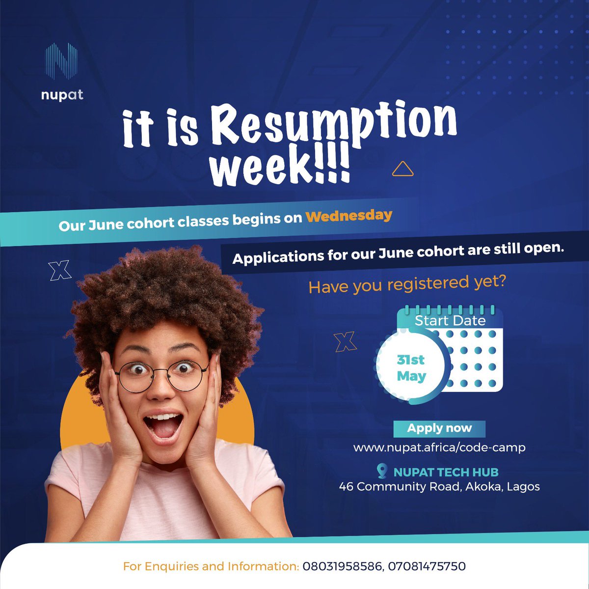 NupatOfficial's tweet image. Here is a gentle reminder that classes for our June cohort begins on Wednesday.
Are you interested in being a part of the upcoming cohort?
We are still accepting applications. Send a DM today.
#techacademy #softwaredevelopmentacademy #codecamp #learnatechskill #Succession
