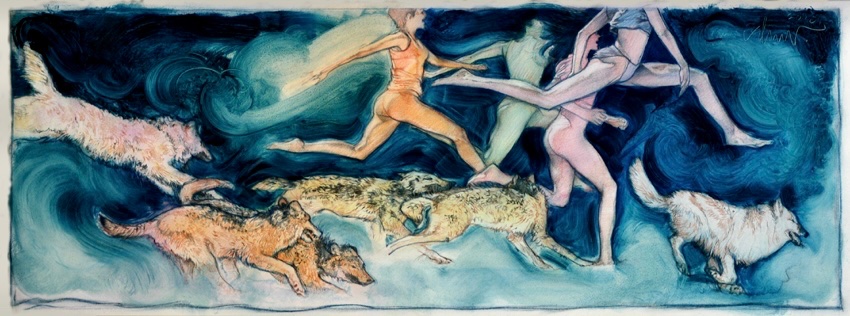 ‘Women Who Run with the Wolves’

Medium: Acrylic paints, colored pencils & oils on board.
Size: 14x36 inches
Year: 2001