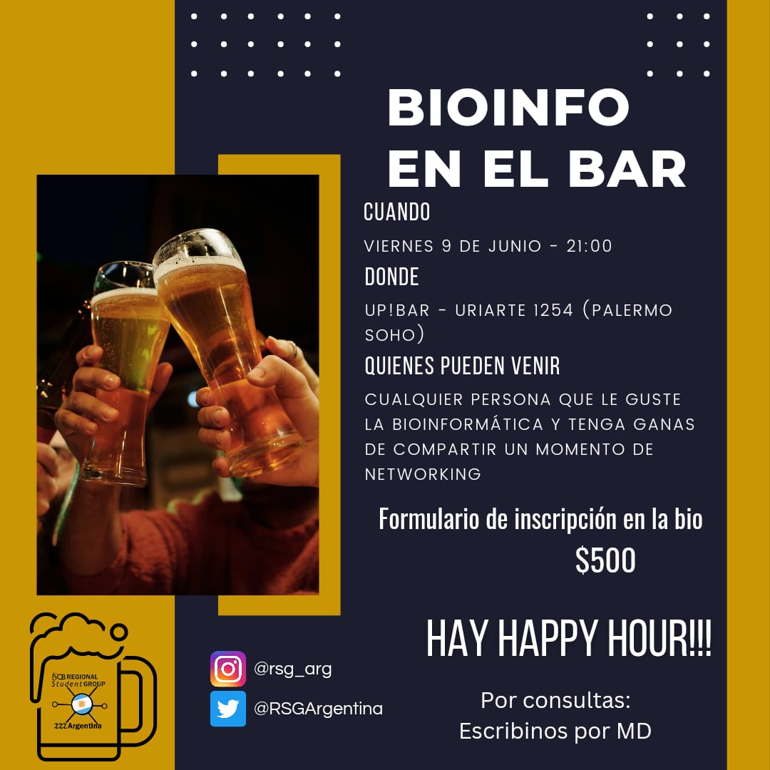 BIOINFO EN EL BAR 🍻

Lxs invitamos a un encuentro entre bioinformáticxs el 9 de Junio, para compartir y tomar unos tragos/cervezas. 👨‍💻👩‍💻