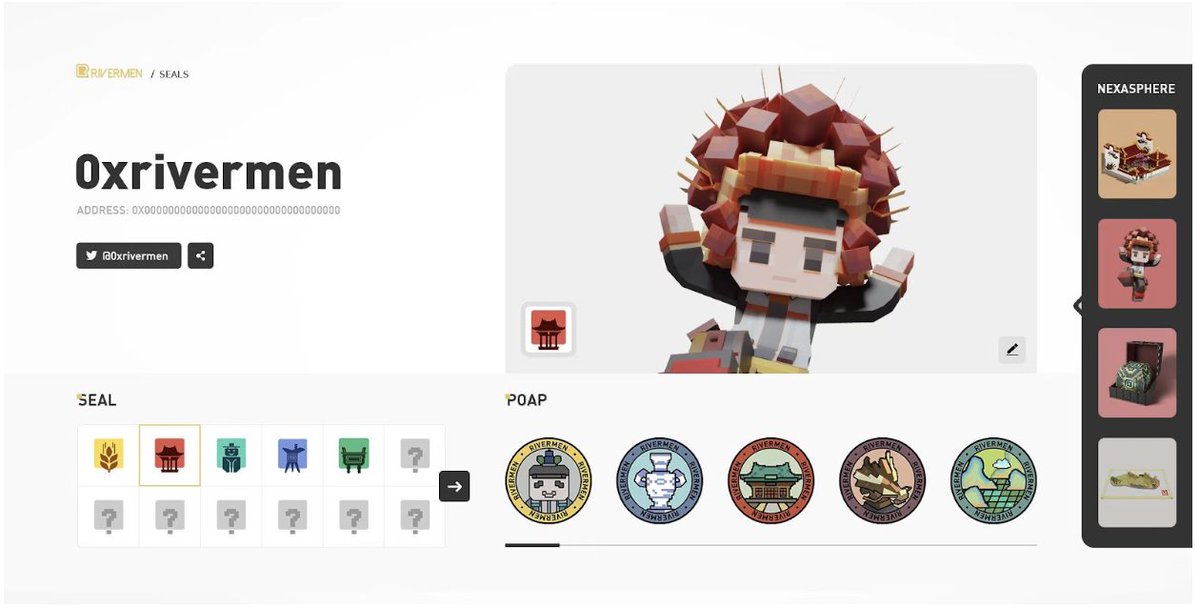 In our world holders are able to earn badges.

Awarded through collecting Riverman, Playing the Game, and Participating in the community!

How many badges will you collect?