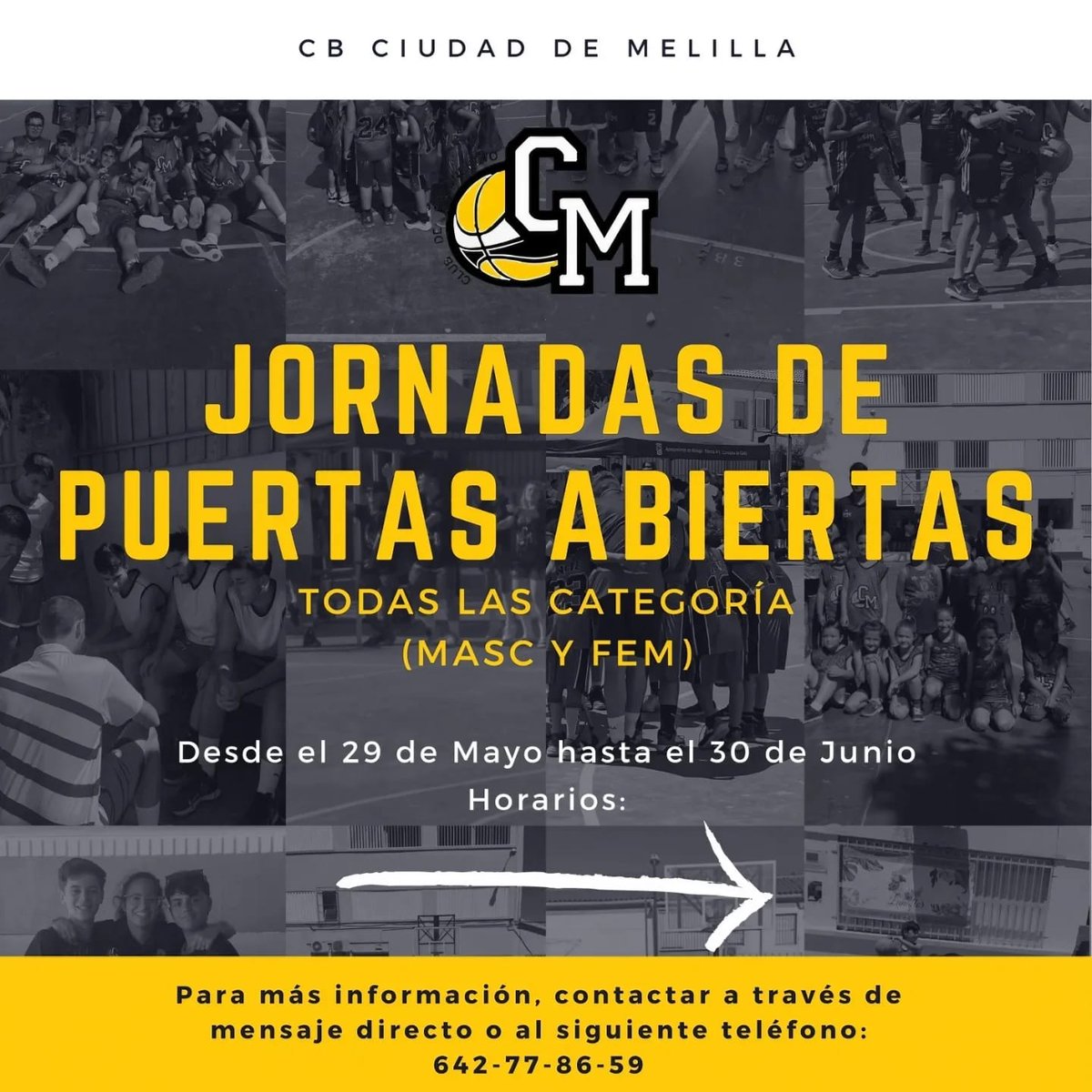 CBCiudadMelilla's tweet image. Recordad que hoy comienzan nuestras jornadas de puertas abiertas para todo aquel que quiera probar con nosotros. Sin compromiso alguno. Sólo se pide muchas ganas de pasarlo bien y de disfrutar del 🏀!!!
#SomosBaloncesto🖤💛