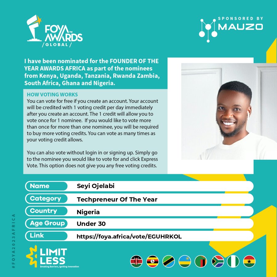 SeyiOjelabi's tweet image. It Another Day To Cast Your Vote !

To vote for me #Method1(Free)
1. Visit foya.Africa/vote/EGUHRKOL
2. Create an account
3. You will be credited with 1 voting credit per day immediately to vote for 1 nominee
4. Search &quot; Seyi Ojelabi&quot;
5. Click the &quot;Express Vote&quot;
#ThankYou