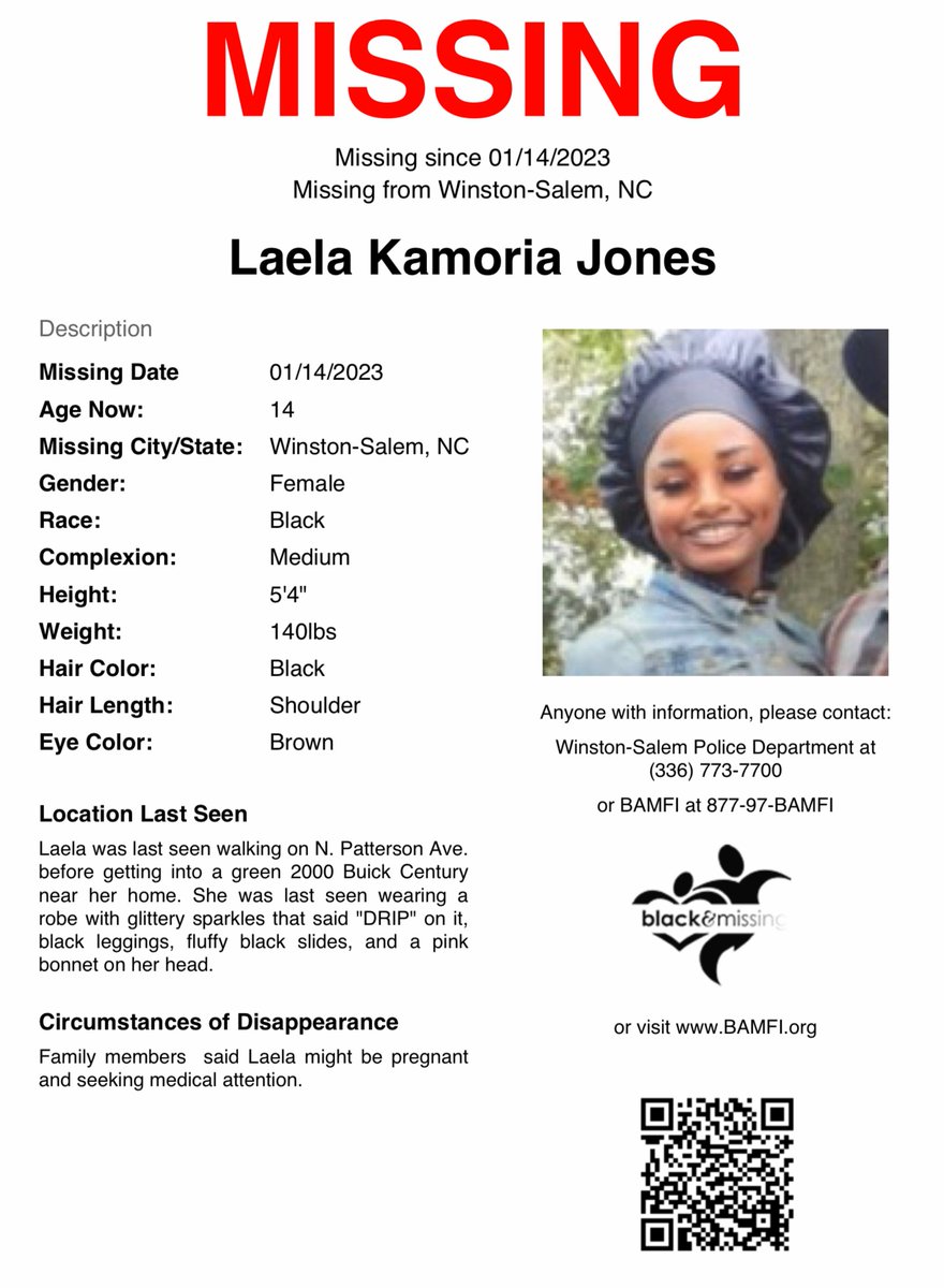 Winston-Salem, NC: 14y/o Laela Jones was last seen on Jan. 14, leaving her home in #WinstonSalem.
According to a story by WXII “A nearby NAPA Auto Parts captured video of Laela on their security camera. It shows her in a green 2000 Buick Century driving off. 

#HelpUsFindLaela