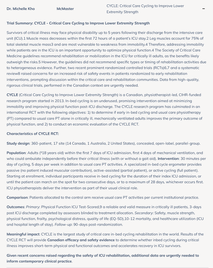 Congratulations to Michelle Kho (@khome) for receiving funding through ACT to finish CYCLE - Critical Care Cycling to Improve Lower Extremity Strength. act-aec.ca/successes