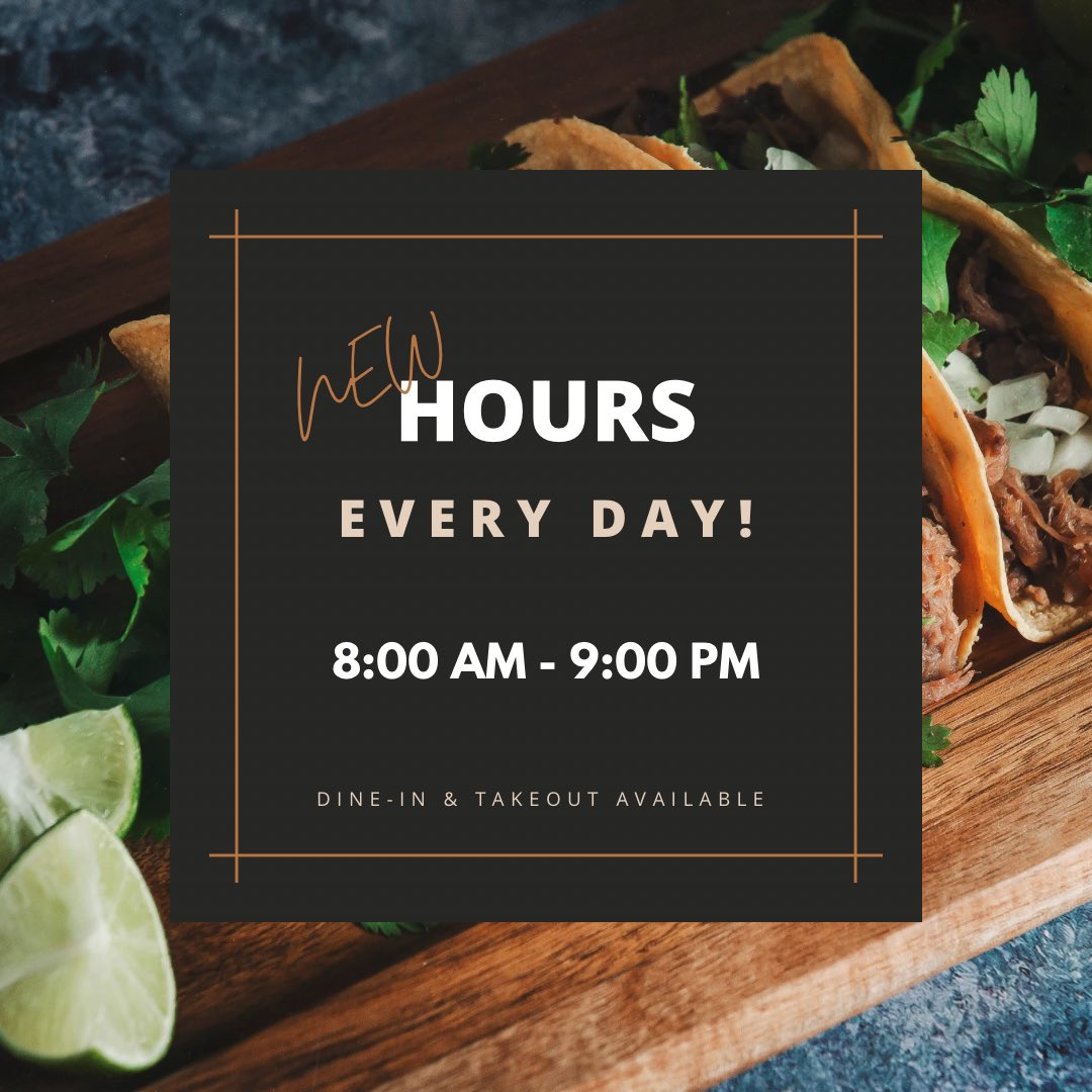 New hours of operation! Stop by for delicious food, friendly staff and cold beverages 🍻