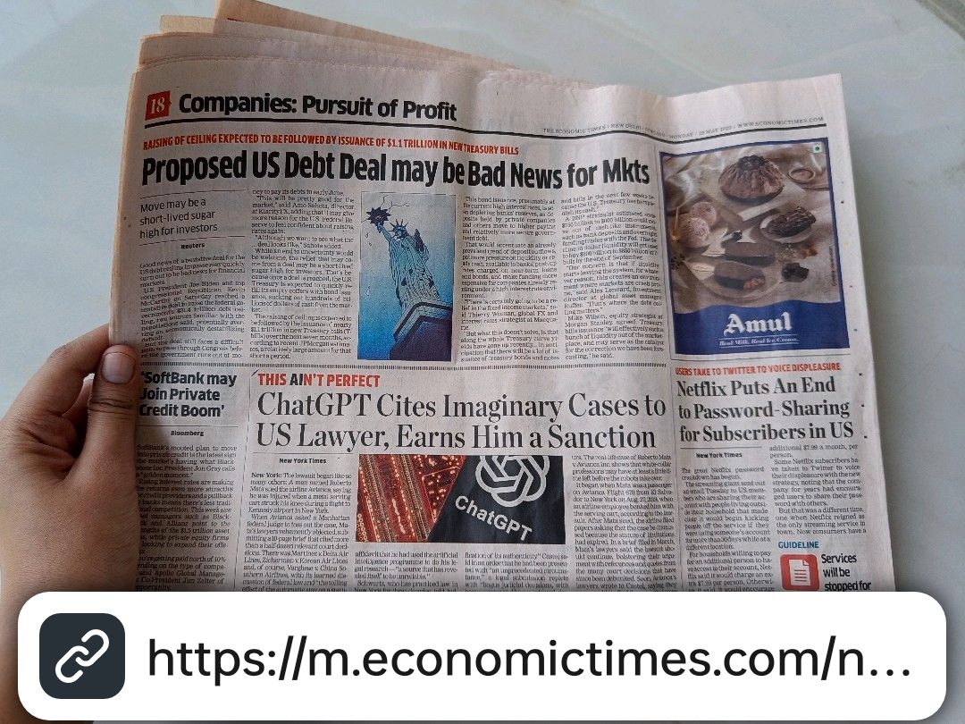 A Tale in the Times of ChatGPT 📰

Never rely on ChatGPT to do your RESEARCH. 📝
Especially if you are a Lawyer. 👩‍⚖️
economictimes.indiatimes.com/news/internati…
