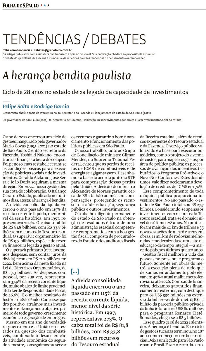 Artigo que publiquei hoje na @folhadespaulo em parceria com @felipesalto, mostrando a situação das finanças do Estado de São Paulo, em 2022. A herança é BENDITA.