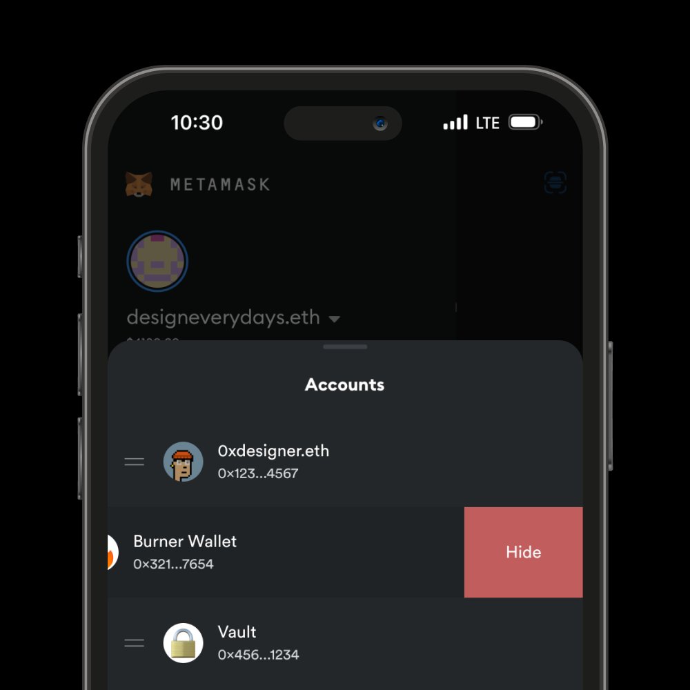 0xDesigner's tweet photo. Concept 133: Reorder and hide wallets in Metamask. https://t.co/gXpLXKmk1p