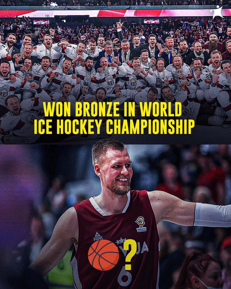 BasketNews_com's tweet photo. Yesterday Latvia beat the USA and won the bronze medal of Hockey World Cup. 

What if they would do the same this summer in basketball? 😅👀 https://t.co/mVPmxFV6tc