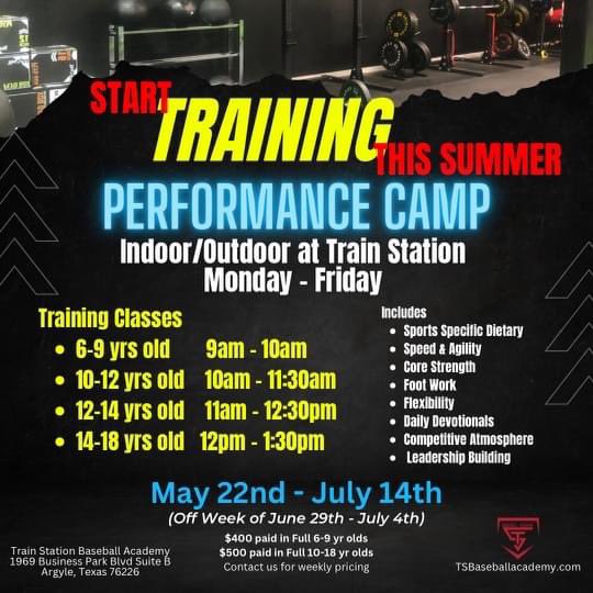 TSBaseballAcdmy's tweet photo. Looking to improve your sports performance? Train Station Baseball Academy’s Performance Camp works every aspect of an athlete’s performance from diet and training to mentality and leadership. Use the link to register today! https://t.co/pMZaDzye9v https://t.co/FwfNPh0awD