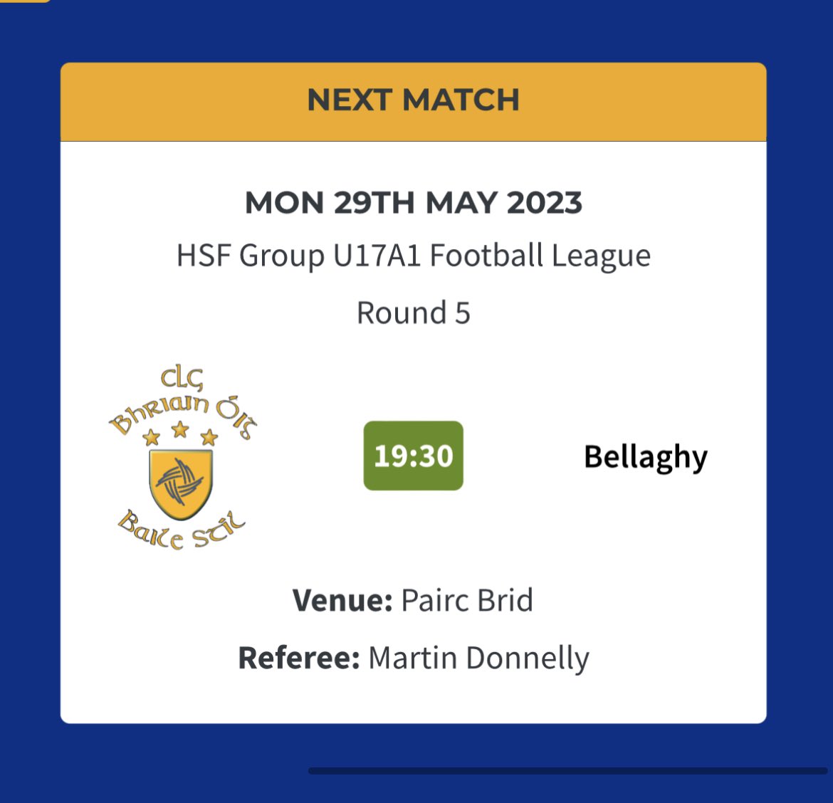 BrianOgs's tweet photo. Our U17s play Bellaghy at home tonight with a 7.30 throw in. The lads would love some support at the club so why not come down and enjoy the last of the sun for today and cheer them on. Best of luck boys 🔵🟡 https://t.co/UN3WKD9kWF