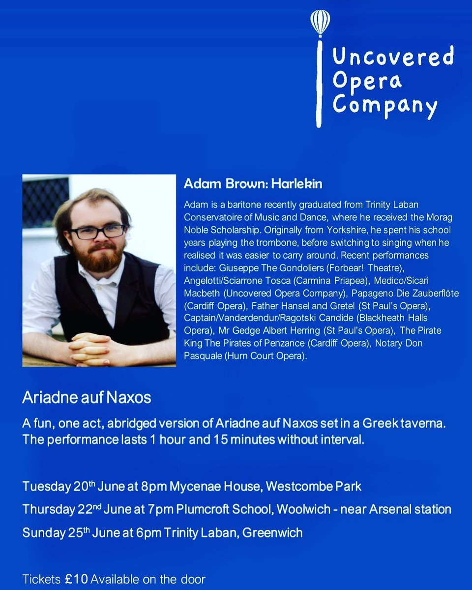Uncovered Opera Company (@operauncovered) on Twitter photo So pleased that Adam Brown is back with us and this time round as Harlekin - who is a bar tender in our abridged version of the opera! £10 a ticket come and see one of the shows! So pleased that Adam Brown is back with us and this time round as Harlekin - who is a bar tender in our abridged version of the opera! £10 a ticket come and see one of the shows!