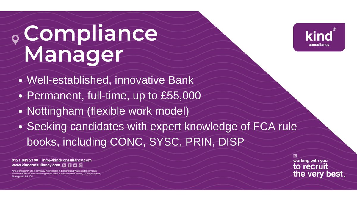 We have Risk, Compliance and Project Management roles in Financial Services organisations of all sizes across the UK, currently accepting applications at jobs.kindconsultancy.com - here are just a few of the open vacancies