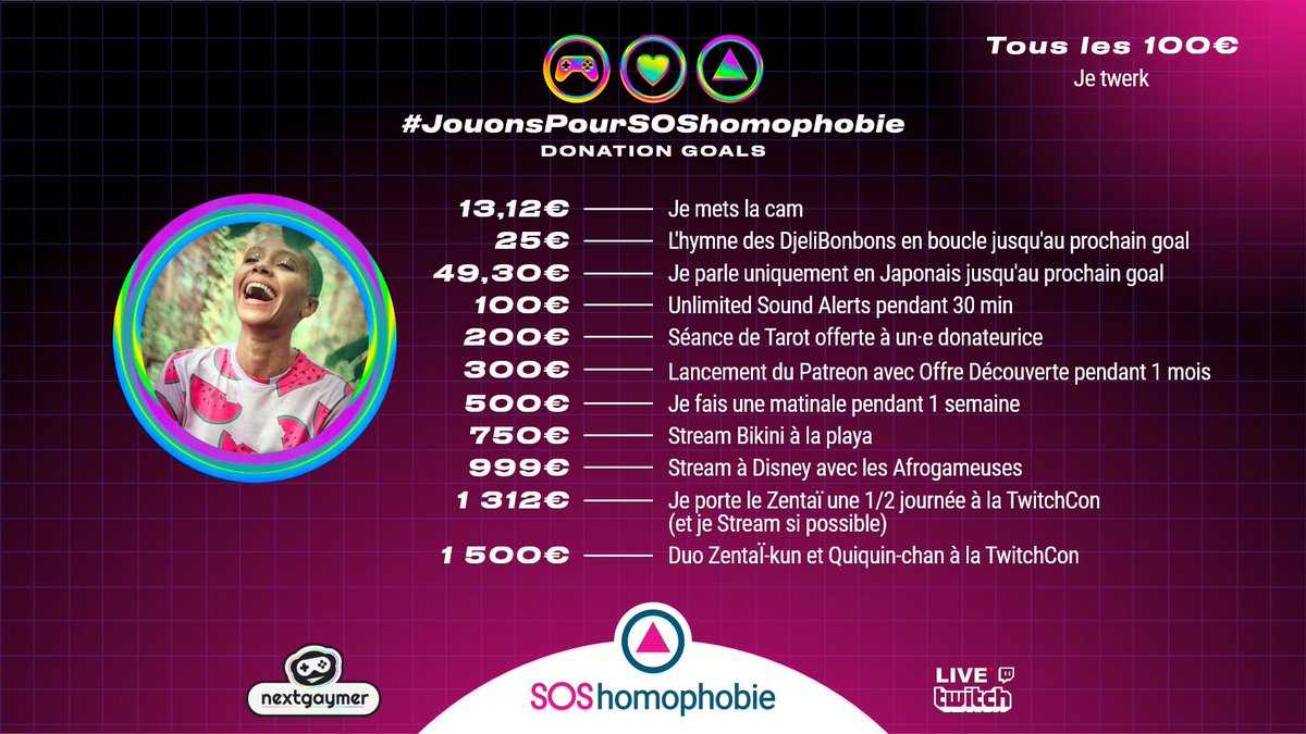 Hello mes Bonbons 🍬 l'event caritatif #JouonsPourSOShomophobie arrive à grand pas! 😱 C'est déjà ce week-end 🗓️ 
Voici la liste de mes donation goals ainsi qu'en tweet cité la présentation des incroyables streameur·euses queer cuir moustache qui seront à mes côté! 🏳️‍🌈🏳️‍⚧️🥸