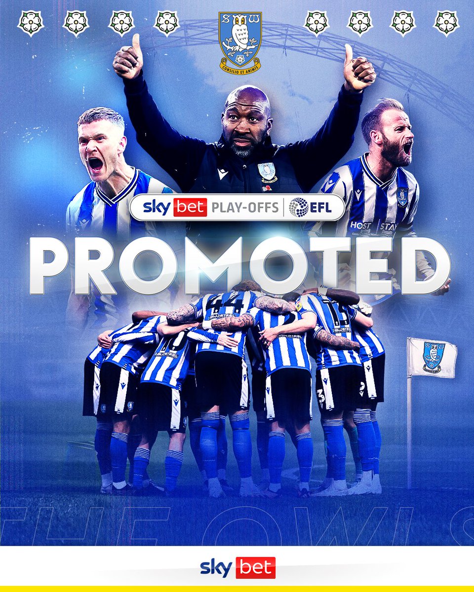 SkyBet's tweet image. ✅ 96 points in the league
✅ The greatest #SkyBetPlayOffs comeback ever
✅ An incredible Wembley finale 

After 11 years, Wednesday can finally taste promotion once again 🦉

@swfc are BACK in the @SkyBetChamp 💙🤍 

#SkyBetPlayOffs #swfc