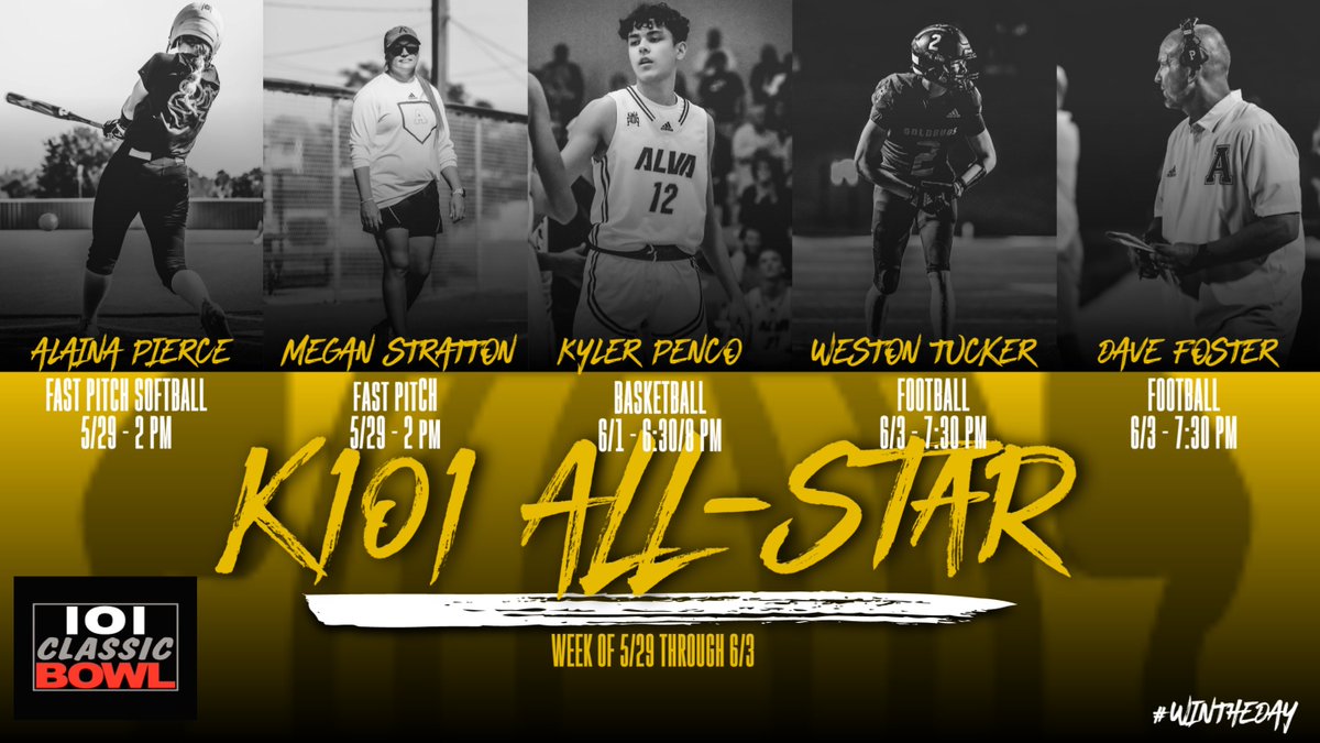 Alva_Speed's tweet photo. Congratulations to this group of athletes and coaches representing the Goldbug nation this week in Woodward.. Alaina Pierce and Coach Megan Stratton kick off the week with fastpitch softball, followed by Kyler Penco in basketball and Weston Tucker and Coach Foster in football. https://t.co/LFdEi3hBar