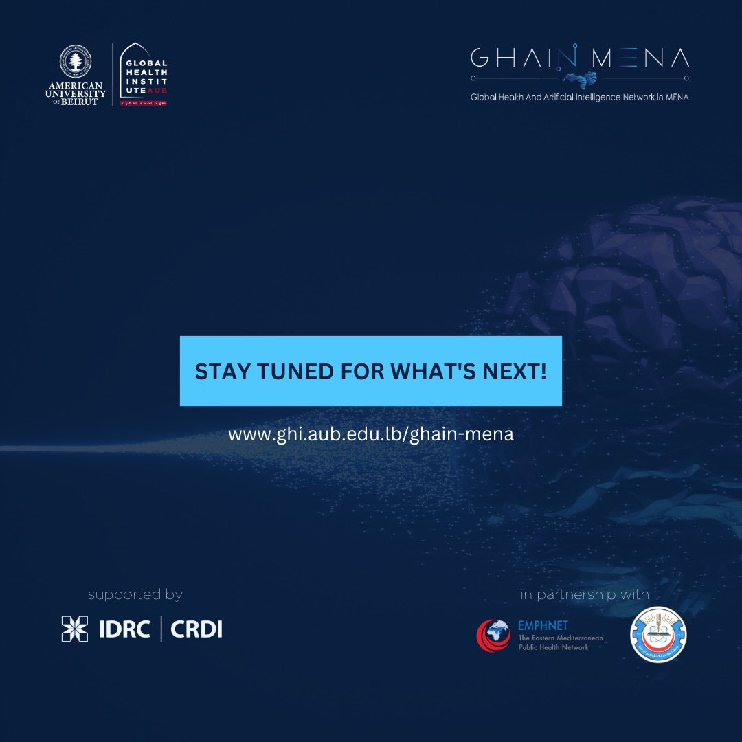ghiaub's tweet photo. 📢#GHI is pleased to announce its selection to serve as the #MENA Hub for the use of #ArtificialIntelligence in #GlobalHealth through the GHAIN MENA project.
🔻#GHAINMENA, a 3-year project supported by @IDRC_CRDI, focuses on empowering the #research capacity in the MENA to explore #AI use for health outcomes improvement.
Glad to be partnering🤝🏻with @EMPHNET & @JUSTEDUJO on this initiative.
Stay tuned for what’s next!
Learn more 👉🏻 https://t.co/SWwqCDBlDt