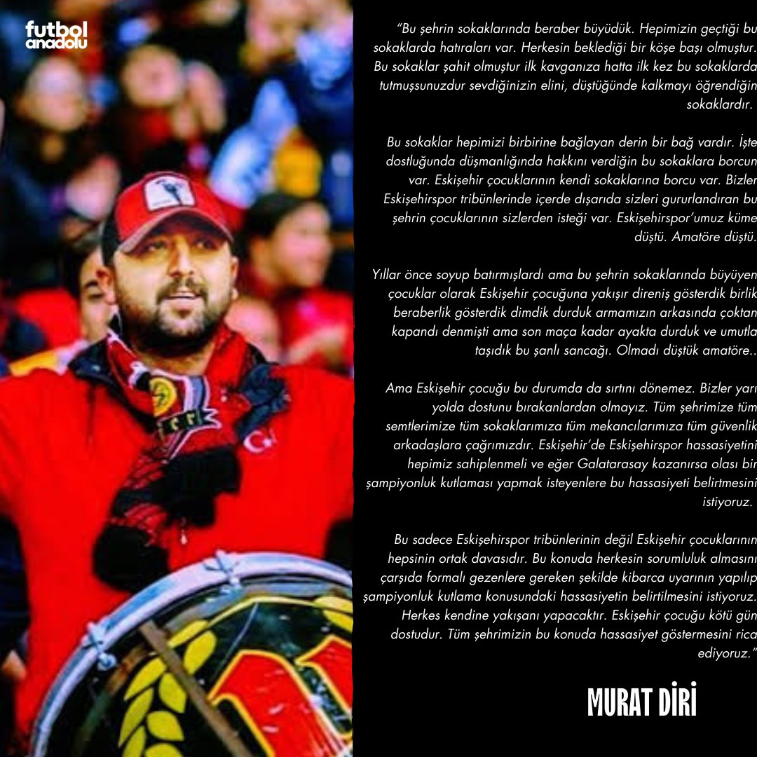 Eskişehirspor Taraftarlar Birliği Başkanı Murat Diri, yarın Galatasaray'ın şampiyonluğunu ilan etmesi durumunda Eskişehir'de kutlama yapılmaması konusunda uyarılarda bulundu.